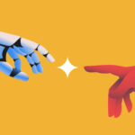 Robot hand touching human hand. Artifical intelligence concept. Vector illustration.